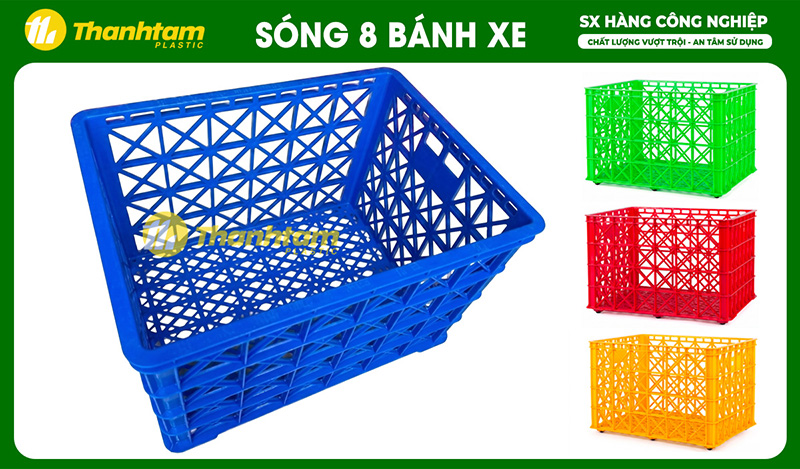 Sóng nhựa Hở 8 Bánh Xe Sóng hở 8 bánh xe là thùng nhựa công nghiệp được sản xuất từ nhựa HDPE nguyên sinh, dẻo dai và chịu lực tốt, phù hợp sử dụng lâu dài trong nhiều môi trường khác nhau.