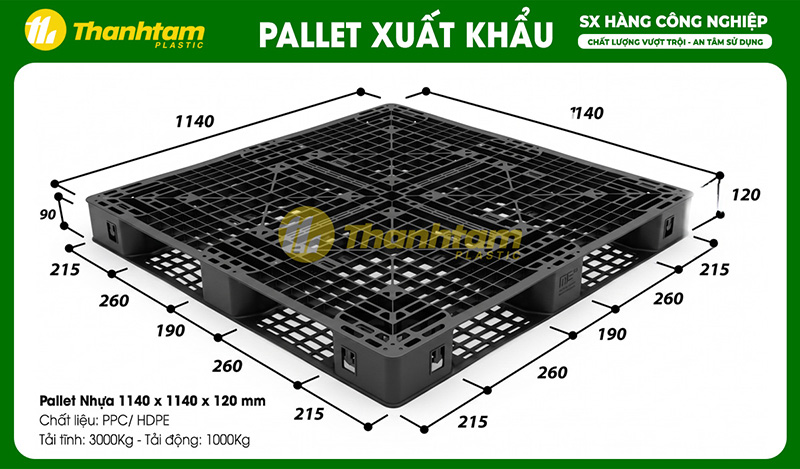 Pallet nhựa đen 1140x1140x120mm Pallet nhựa 1140x1140x120mm dùng kê hàng xuất khẩu