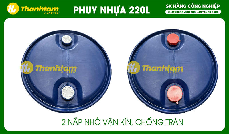 Thùng phuy nhựa 220 Lít Thùng phuy nhựa 220 lít có Thiết kế 2 nắp nhỏ vặn kín hạn chế rò rỉ