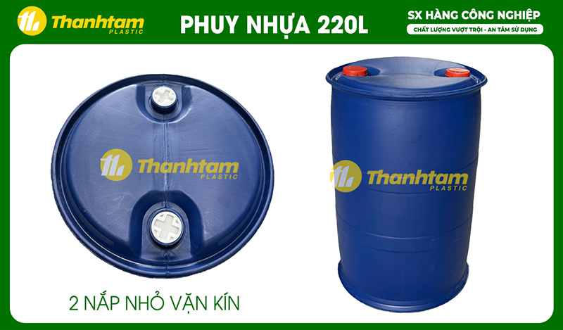 Thùng phuy nhựa 220 Lít Thùng phuy nhựa 220 lít có 2 nắp nhỏ, vặn kín có độ bền cao, giá rẻ